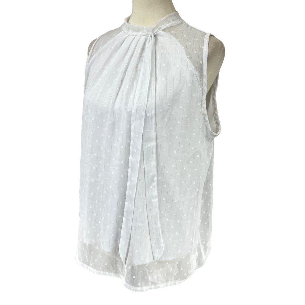 Luna Rae Women's White Sleeveless Tie Mock Neck Swiss Dot Shirt Top Blouse Sz L